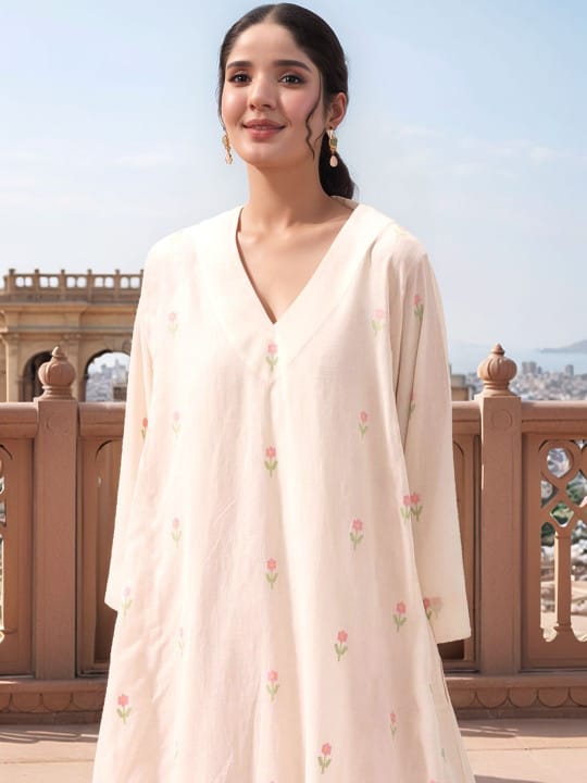 Floral Printed V-Neck Three-Quarter Sleeves A-Line Kurta With Palazzos