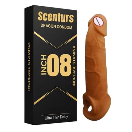 Scenturs 8 Inch Dragon Condom Reusable Chocolate Flavour, Intense Sensation Realistic Skin Feel & Safe Protection Comfortable pack of 1 pcs