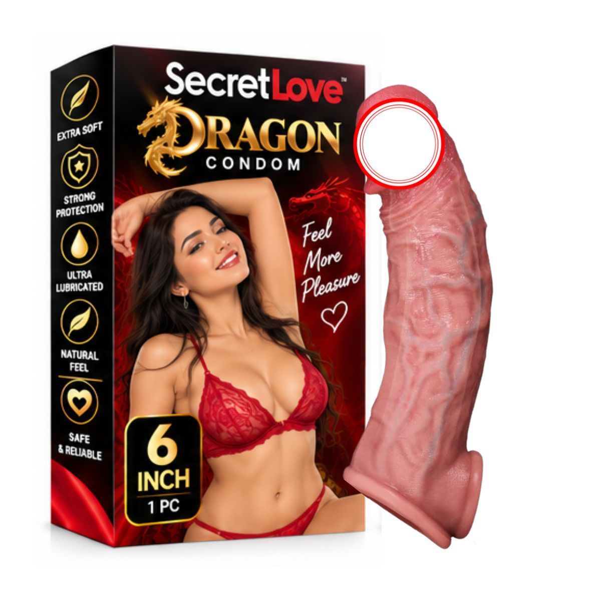 Dragon Silicone Condom | 6 Inch Textured Adult Condom | Dragon Design Intimate Wellness Product | Soft Feel | Lubricated Finish | Adult Personal Care Accessory | 1 Piece